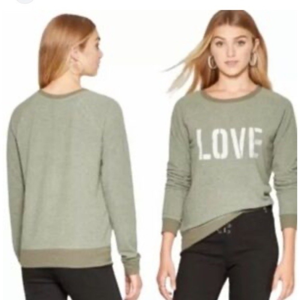 Grayson Threads LOVE Sweatshirt Small Soft Green Cozy Military Distressed Look